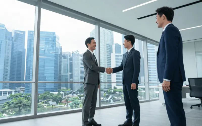 Business professionals shaking hands in a modern Singapore office