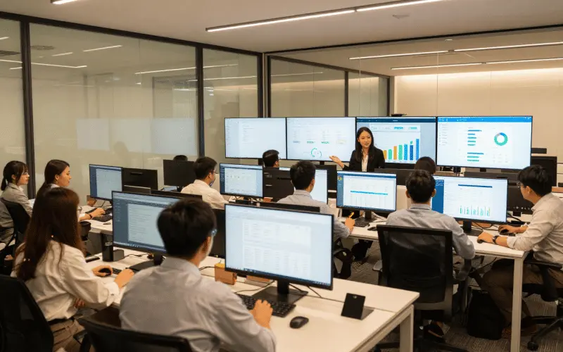 B2B marketing team in Singapore reviewing AI lead generation analytics on multiple screens