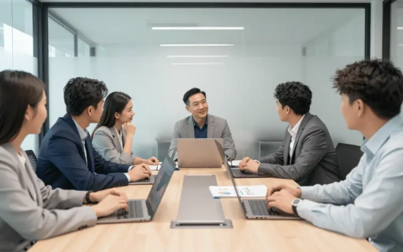 Diverse Asian business team in a boardroom discussing AI lead generation strategy