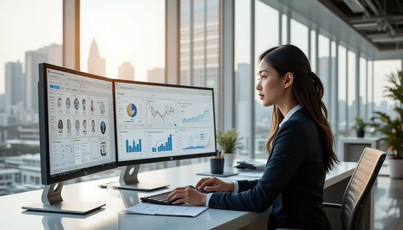 Singapore marketing professional working with AI content dashboards and email analytics on multiple monitors
