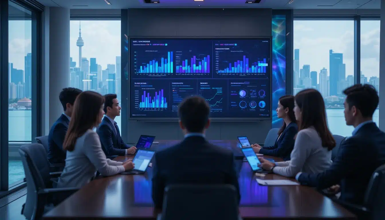 Singapore business team reviewing AI lead scoring dashboard in modern conference room with Marina Bay view