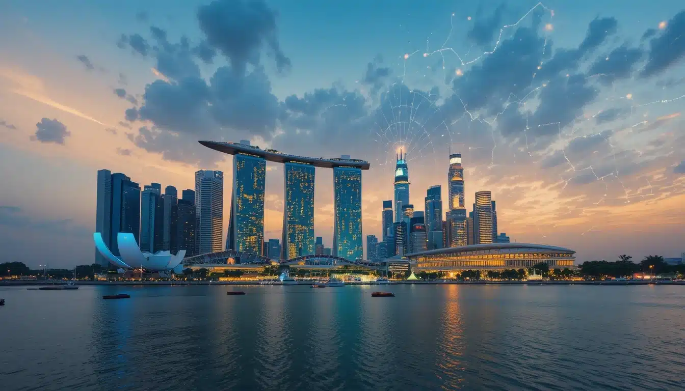 AI marketing Singapore - Marina Bay skyline with digital data streams representing AI-powered marketing transformation in 2026