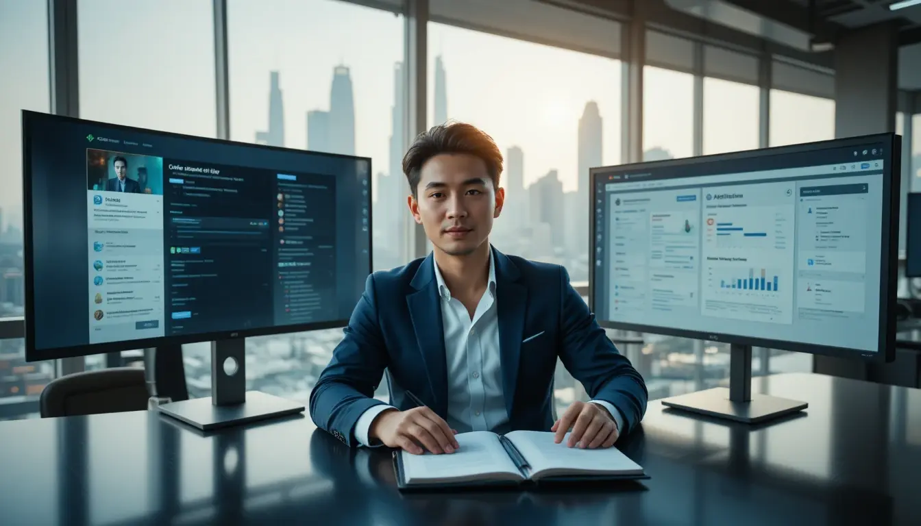 B2B sales professional using LinkedIn social selling in Singapore CBD office