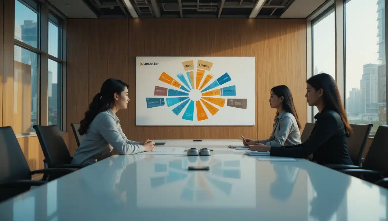 B2B content marketing team reviewing strategy in Singapore CBD office