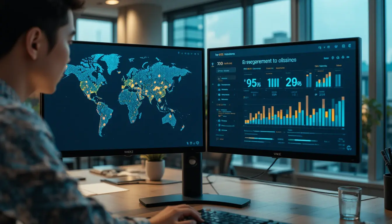 Singapore B2B marketer reviewing intent data and pipeline dashboard on dual monitors