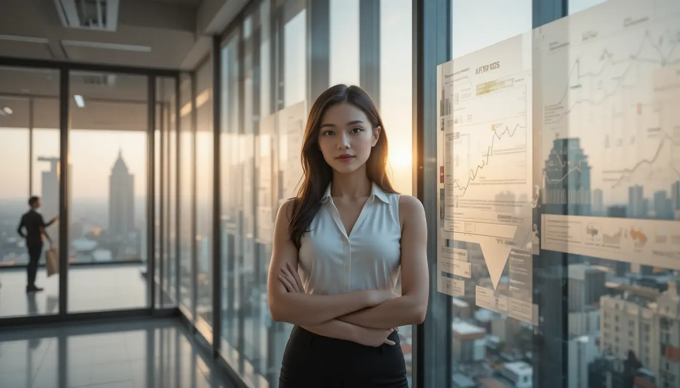 Confident B2B marketing director with pipeline growth charts in Singapore high-rise office